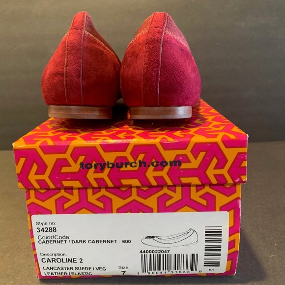 Tory Burch NEW Caroline 2 Cabernet Lancaster Suede/Veg Leather/Elastic Flat. 7 - Picture 4 of 6